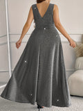 Plus Size Sparkling V-neck Formal Dress - Elegant Sleeveless A-line Ball Gown for Party, Banquet, and Special Occasions, Women's Plus Size Clothing with Glamorous Details