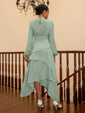 Vibrant Solid Color Asymmetrical Dress - Elegant Mock Neck, Back Keyhole, Layered Hem Lantern Sleeves, Flowy Fit, Women's Clothing for Work, Date Night, or Casual Occasions