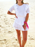 Zjkrl Summer Short Sleeve Vocation Women White Mini Dress Holiday Lace Ruffled Dress Pink