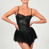 Zjkrl - Sexy Solid White Stitching Lace Bra Corset style Spaghetti Strap Mini Dress Women Backless Party Skater Short Sling Robe