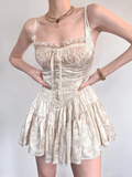 Zjkrl - Sexy Solid White Stitching Lace Bra Corset style Spaghetti Strap Mini Dress Women Backless Party Skater Short Sling Robe