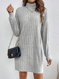 Long Sleeve Elegant Ribbed Turtleneck Plain Color Dress for Spring & Fall, Women's Clothing
