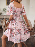 Charming Floral Print Dress with Adjustable Shirred Waist - Chic Short Sleeve Square Neck Design for Women - Perfect Casual Style