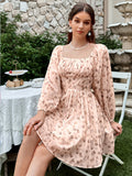 Long Sleeve Elegant Sweet Floral Print Square Neck Ruched Front A-line Mini Dress for Spring & Fall, Women's Clothing