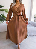 Elegant Micro-Elastic Tunic Dress – Solid Pleated V-Neck with Lantern Sleeves & Belt, Perfect for Adult Women's Fall/Winter Fashion
