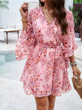 Charming Floral Print V-neck Swing Dress with Belted Waist & Ruffle Flare Sleeves - A Feminine and Elegant Addition to Your Wardrobe - Womens Clothing