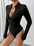 Slim-Fit Women's Bodysuit - Elegant Solid Color Zip-Up, Stretchy Polyester & Spandex Blend, Machine Washable