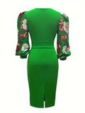 Elegant Floral Bodycon Dress with Lantern Sleeves & Crew Neck - Chic Spring & Fall Fashion for Women