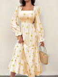 Elegant Women's Floral Print A-line Dress, Long Sleeve Square Neck Ruffle Hem Dress for Spring & Fall