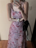 Elegant For Spring & Summer Rose Print Tie Shoulder Sleeveless Spaghetti Strap Cami Dress, Women's Clothing