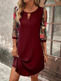Zjkrl  -  Three-quarter Illusion Sleeve Floral Dress, Casual Keyhole Crew Neck Loose Dress, Women's Clothing