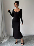 Bodycon Square Neck Mermaid Hem Dress, Elegant Long Sleeve Dress For Spring & Fall, Women's Clothing