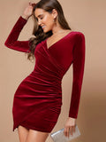 Luxurious Velvet Bodycon Mini Dress for Women - Elegant Dresses with V-Neck, Long Sleeve, Surplice Detail, Machine Washable, and Comfortable Fit for a Night Out