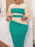 Zjkrl  -  Fashion-Forward Color Block Midi Dress - Versatile Crew Neck Bodycon Style - Perfect for Modern Womens Wardrobe