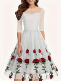 Vintage Chic Rose Embroidered Cocktail Dress - Fitted, Crew Neck, Tea-Length, 100% Polyester Knit Fabric, Elegant 50s Style, All-Season Wear, Embroidery Floral Pattern, High-Quality Stitching, Comfortable Fit, Ideal for Forma
