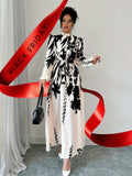 Stunning Floral Print Long Sleeve Belted A-line Dress with Elegant Ruffle Trim Mock Neck, Women's Clothing