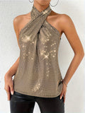 Sexy Plaid Halter Neck Tank Top - Mid-Elasticity, Sleeveless, Cross-Detail, Polyester Knit Fabric - Perfect for Party, Club, and All Seasons