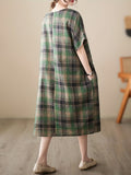 Zjkrl  -  Plus Size Retro Chic Lounge Dress - Soft Plaid Print, Short Sleeve, Crew Neck, Pockets, Comfortable Nightdress for Relaxation