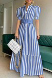 ZJKRL  -  Fashion Elegant Striped Solid Buckle With Belt Shirt Collar A Line Dresses