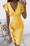 ZJKRL  -  Fashion Elegant Solid Flounce Fold V Neck Wrapped Skirt Dresses(9 colors)