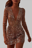 ZJKRL - Fashion Elegant Patchwork Sequins See-through Mesh V Neck Pencil Skirt Dresses