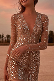 ZJKRL - Fashion Elegant Patchwork Sequins See-through Mesh V Neck Pencil Skirt Dresses