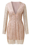 ZJKRL - Fashion Elegant Patchwork Sequins See-through Mesh V Neck Pencil Skirt Dresses