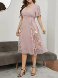 Floral Pattern High Waist Dress, Elegant Surplice Neck Flutter Sleeve Dress, Women's Clothing For Elegant Dressing