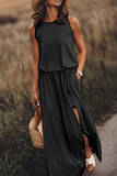 ZJKRL  -  Fashion Casual Solid Patchwork Slit O Neck Waist Skirt Dresses(8 Colors)