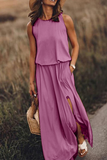 ZJKRL  -  Fashion Casual Solid Patchwork Slit O Neck Waist Skirt Dresses(8 Colors)
