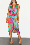 ZJKRL  -  Casual Print Split Joint V Neck Waist Skirt Dresses
