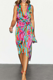 ZJKRL  -  Casual Print Split Joint V Neck Waist Skirt Dresses