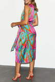 ZJKRL  -  Casual Print Split Joint V Neck Waist Skirt Dresses