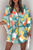ZJKRL  -  Casual Print Patchwork V Neck Waist Skirt Dresses(8 colors)