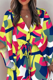 ZJKRL  -  Casual Print Patchwork V Neck Waist Skirt Dresses(8 colors)