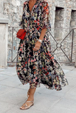 ZJKRL  -  Casual Print Patchwork V Neck Cake Skirt Dresses