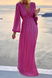 ZJKRL - Fashion Elegant Solid Patchwork Fold V Neck Evening Dress Dresses(4 Colors)