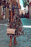 ZJKRL  -  Casual Print Patchwork V Neck Cake Skirt Dresses