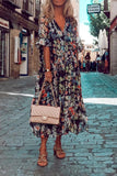 ZJKRL  -  Casual Print Patchwork V Neck Cake Skirt Dresses