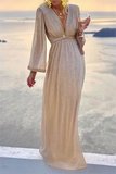 ZJKRL - Fashion Elegant Solid Patchwork Fold V Neck Evening Dress Dresses(4 Colors)