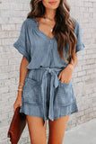 ZJKRL - Street Solid Make Old V Neck Short Sleeve High Waist Loose Denim Jumpsuits