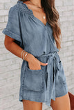 ZJKRL - Street Solid Make Old V Neck Short Sleeve High Waist Loose Denim Jumpsuits