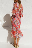 ZJKRL  -  Sweet Elegant Print Patchwork V Neck Waist Skirt Dresses(4 Colors)