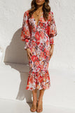 ZJKRL  -  Sweet Elegant Print Patchwork V Neck Waist Skirt Dresses(4 Colors)