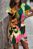 ZJKRL  -  Casual Sweet Print Patchwork Frenulum V Neck Irregular Dress Dresses(5 Colors)