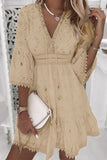 ZJKRL - Sweet Elegant Solid Tassel Embroidered Hollowed Out V Neck A Line Dresses