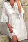 ZJKRL - Sweet Elegant Solid Hollowed Out V Neck Princess Dresses