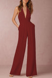 ZJKRL - Sexy Elegant Solid Backless Fold V Neck Regular Jumpsuits(12 Colors)