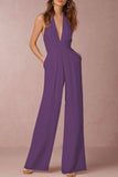 ZJKRL - Sexy Elegant Solid Backless Fold V Neck Regular Jumpsuits(12 Colors)