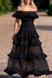 ZJKRL - Celebrities Elegant Solid Lace Hollowed Out Without Belt Off the Shoulder A Line Dresses